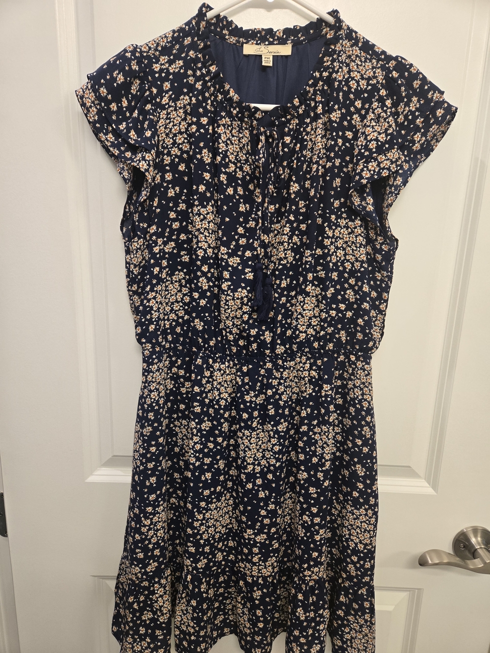 Love Tree Navy Floral Midi Dress with Tie Neck
